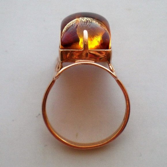 Vintage Russian Russia 14K 583 Rose Pink Gold Baltic Honey Amber Cocktail RING - Picture 7 of 10
